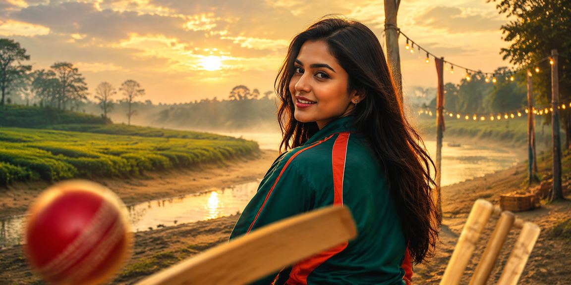 বগুড়ার চা বাগানের পাশে ক্রিকেট বেটিং উপভোগ করছেন একজন খেলোয়াড়